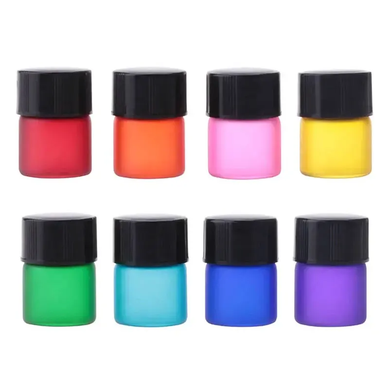 Mini garrafas de vidro coloridas para perfume, 100 peças, 1ml, com redutor de orifício, tampa preta, frasco pequeno de óleos essenciais, recipiente de exibição de perfume