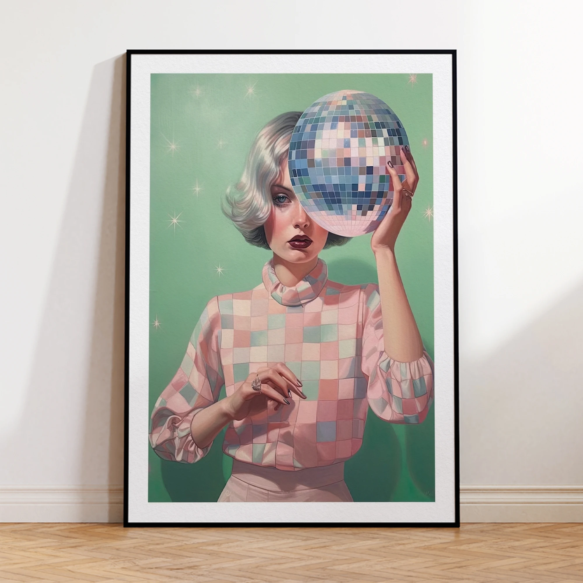 Woman With White Hair Holding A Disco Ball Wall Art Prints Canvas Painting Poster Picture For Living Dining Room Home Decor