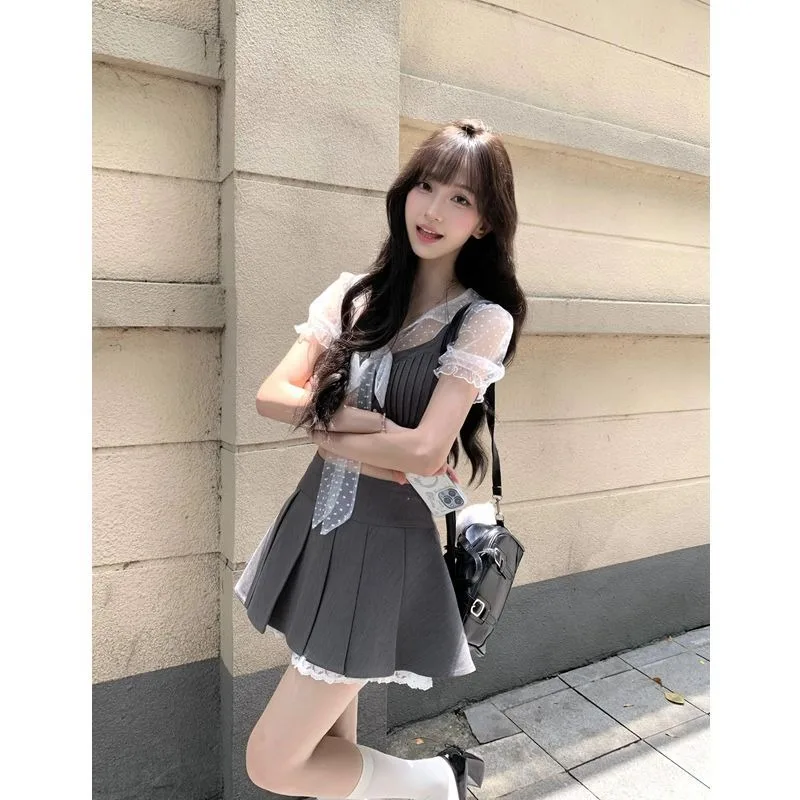 

Spicy Girl Fashion Polka Dot Top Gray Sling Bra Pleated Skirt Three Piece Set Women College Lace Up Splice Sweet Slim Summer Set