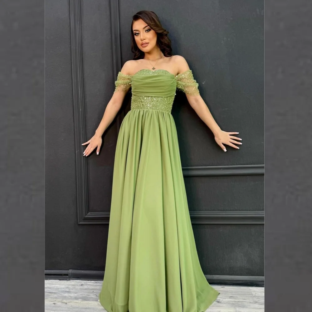 Robe de Soirée Trapèze à Paillettes en Jersey Personnalisée, Tenue Longue Froncée à Perles, Épaules Dénudées, sur Mesure, pour Occasions