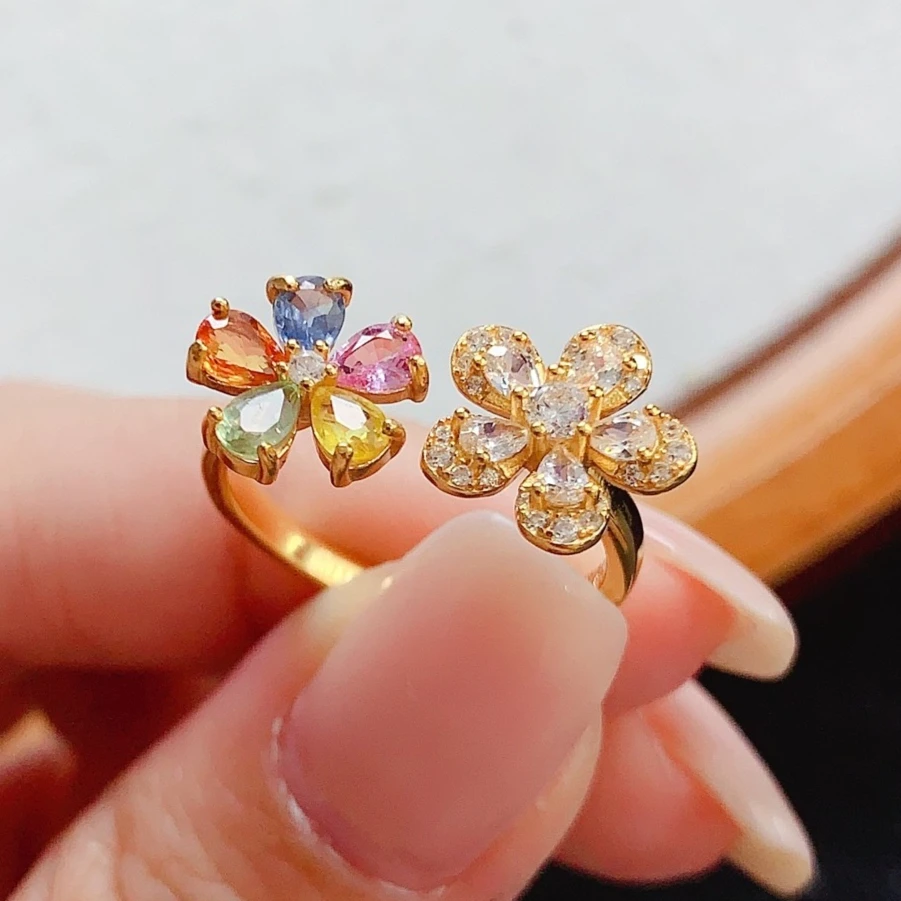 Adjustable 925 Silver Gemstones Ring 3x4mm Natural Sapphire Jewelry with Certificate Flower Design Silver Sapphire Ring for Girl