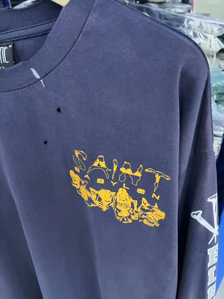 تي شيرت Saint Babyl باللون الأزرق الداكن 100% قطن فضفاض مناسب كاجوال بأكمام طويلة للرجال، قميص مريح كبير الحجم