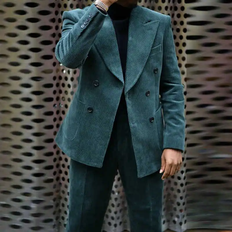 Modern Corduroy Men Tuxedos Peaked Lapel Double Breasted Pant Sets Plus Size Winter Warm Business Party Customized 2 Pieces