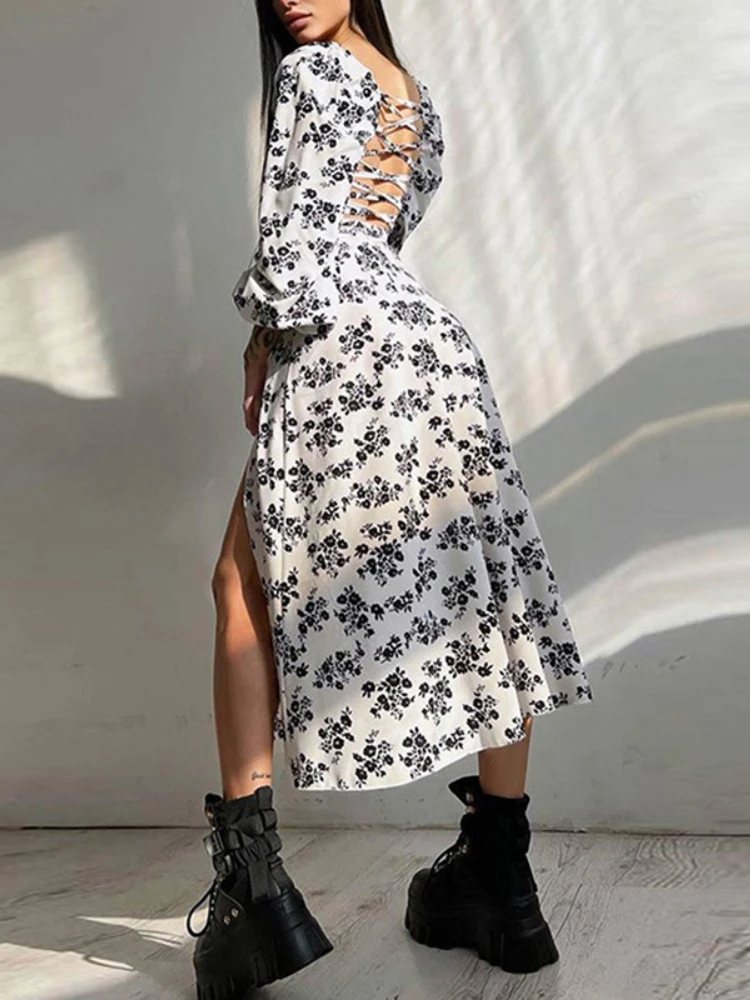 2023 New Floral Print Backless Midi Dress Women Sleeve Lantern Sleeve High Split Lady Elegant Square Collar Casual Long Dress