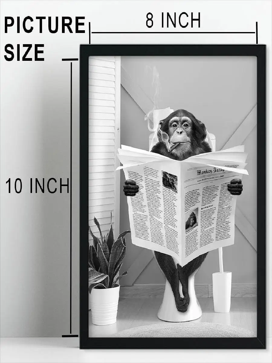 Biufo Monkey on Toilet Framed Canvas Wall Art Print  Fun Animal Poster Decor for Bedroom  Bathroom x