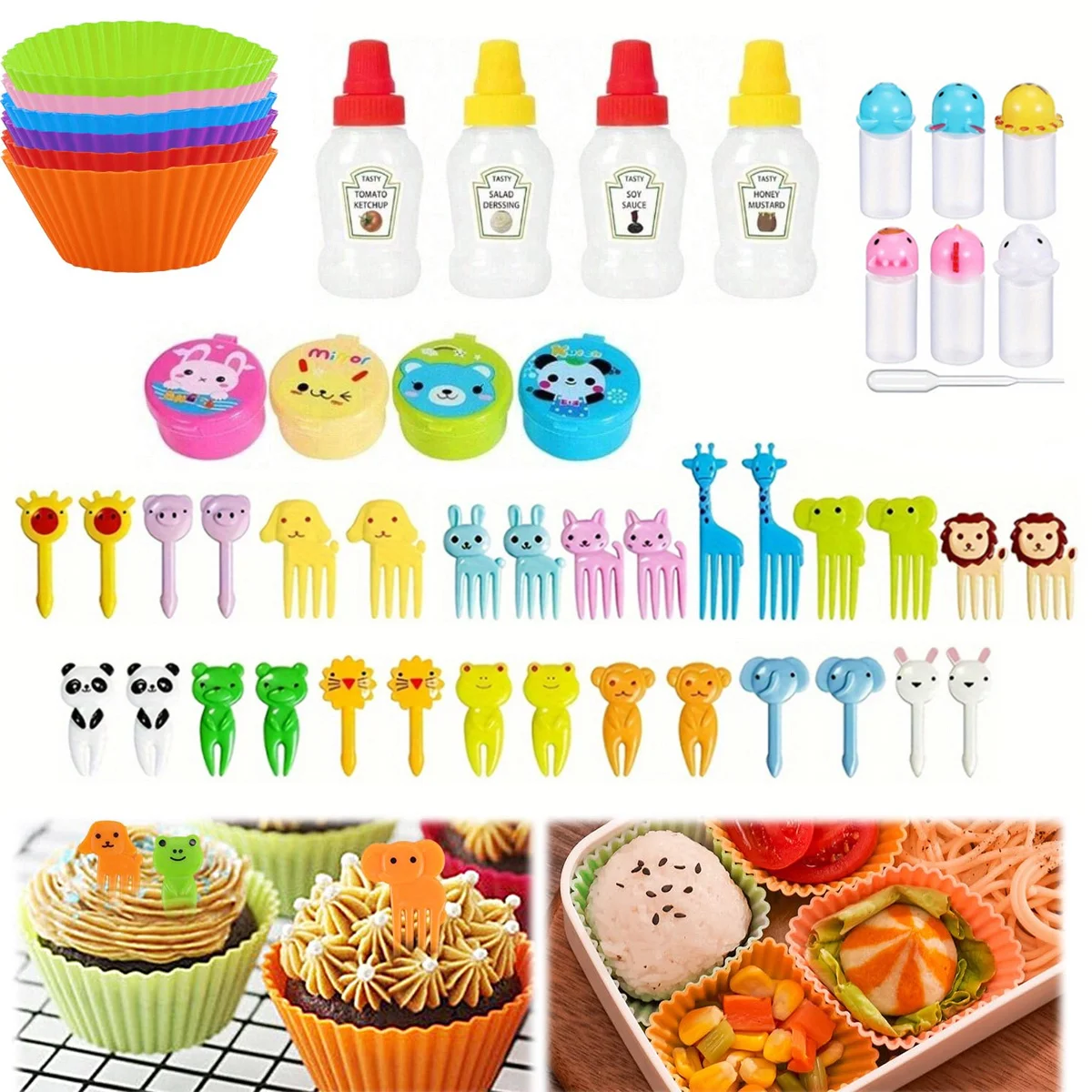 55pc of sauce bottle accessories for children's bento boxes including food paddles mini ketchup squeeze bottles back to school