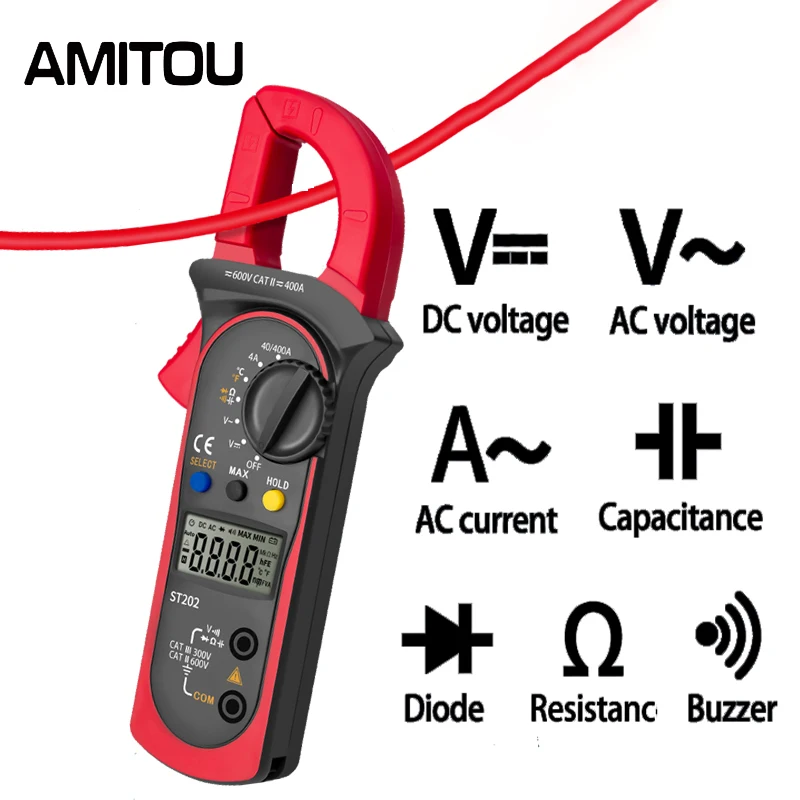 AMITOU ST202 Clamp Multimeter 2000 Counts Digital Professional Clamp Meter Ohm Temp Tester Amperometric Clamp Electrician Tools