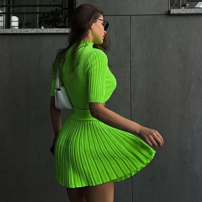 Spicy Y2k Girl Green White Knit 2 Pieces Sets 2024 New Fall Fashion Turtleneck short T Shirt Top+Mini A Line Skirt 2pc Suits