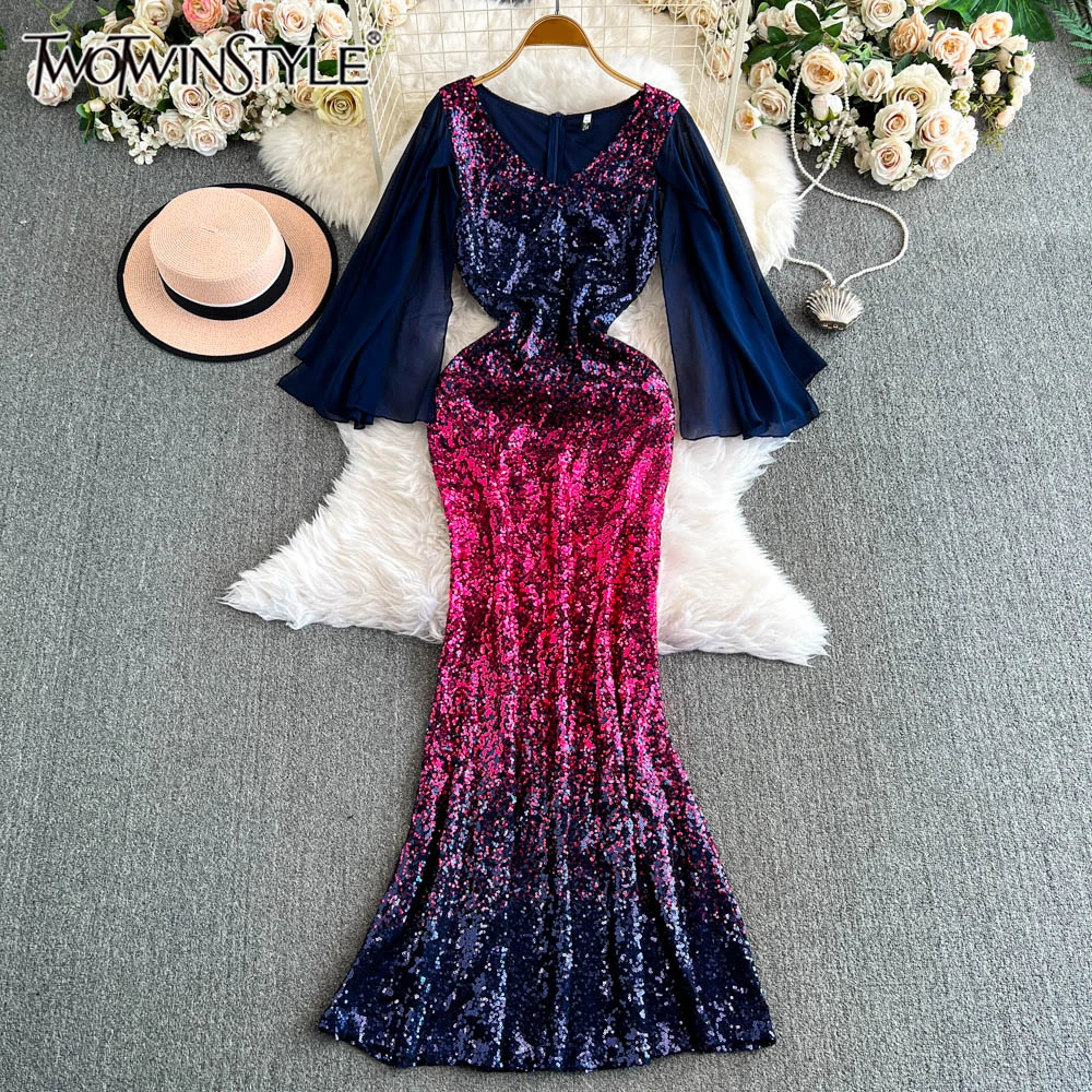 

TWOTWINSTYLE Patchwork Sequins Formal Dress For Women V Neck Flare Sleeve High Waist Temperament Dresses Female New KDR520155