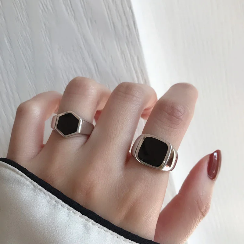 Plated Silver Black Resin Coated Wide Square Geometric Open Rings For Women Fashion Vintage Simple Party Gift Adjustable Jewelry