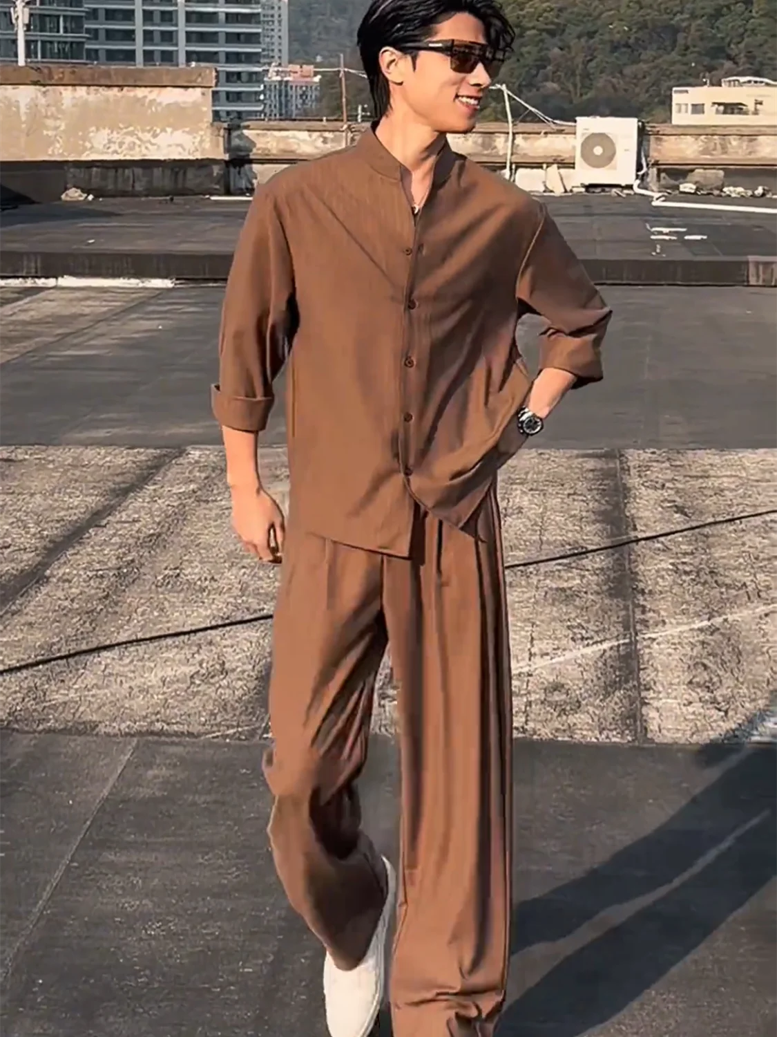 Men's Spring Summer Casual Set Lyrical Drape Anti-Wrinkle Breathable Fashionable Shirt And Casual Pants Two-Piece Set