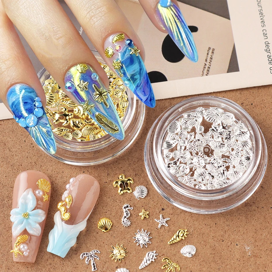 1 Bottle Ocean Nail Charms Metal Golden Silvery Starfish, Seashells, Conches, Coconut trees Nail Art DIY Accessories Decoration