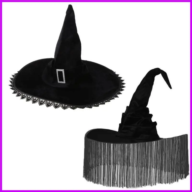 قبعة ساحرة سوداء للنساء البالغات للهالوين قبعة ساحرة سوداء واسعة الحواف للحفلات #1