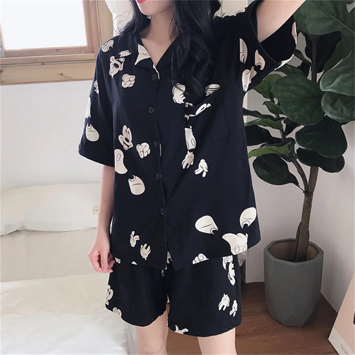 hibobi 2Pcs Summer Ladies Short-Sleeved Home Wear Set Cute Casual Breathable Cartoon Print Pattern Pregnant Women Home Wear Set