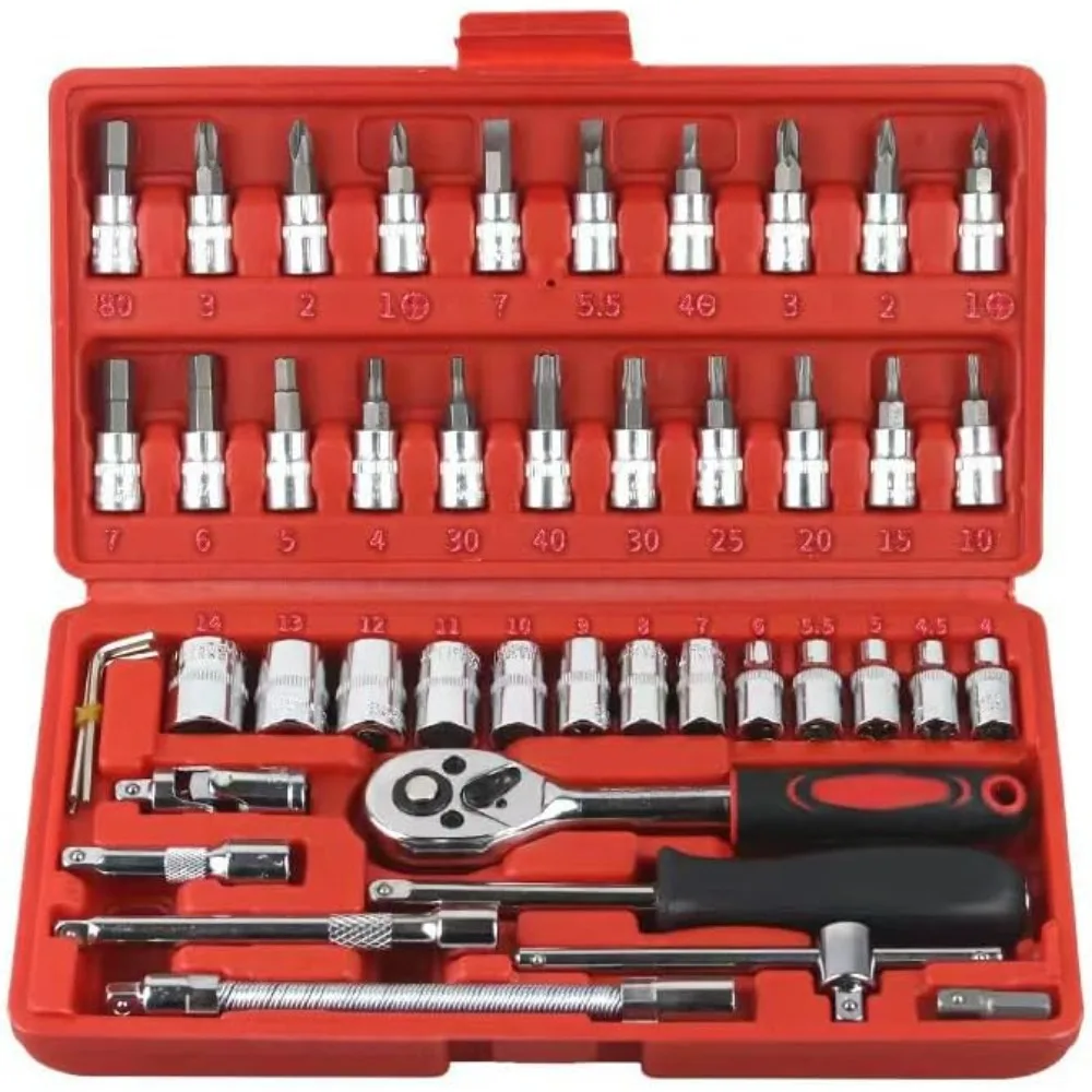 

46-Piece 1/4-Inch Socket Set with Quick-Release Ratchet, Screwdriver Kit, Extension for Manual Use on Automobiles&Trucks with St