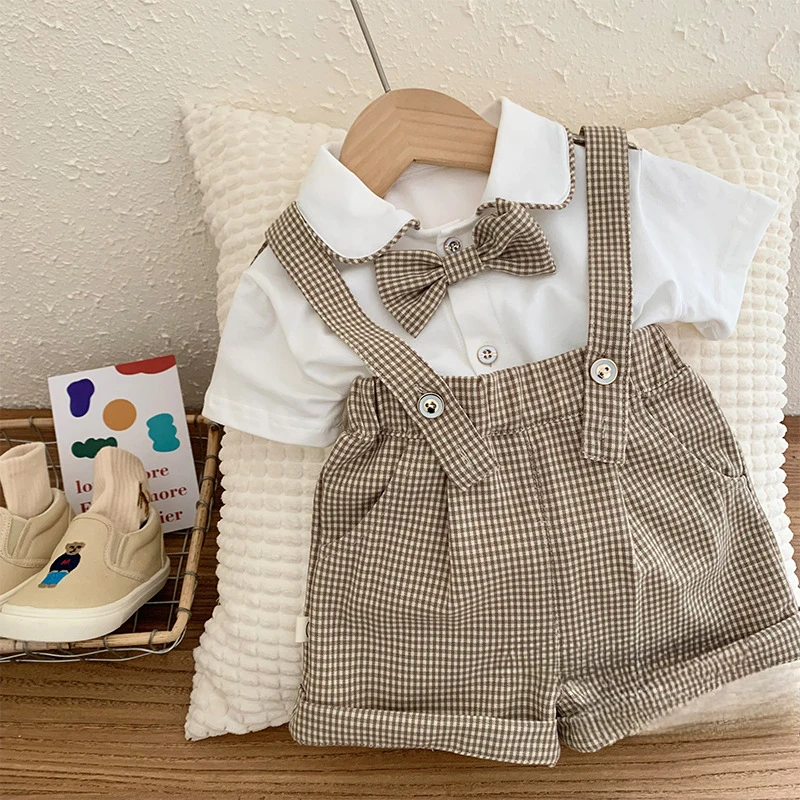 2024 Summer Children Boy Clothes Set Cotton College Style Striped Suspenders Suit Solid White Shirt Include Bow Tie For 0-6Y Boy