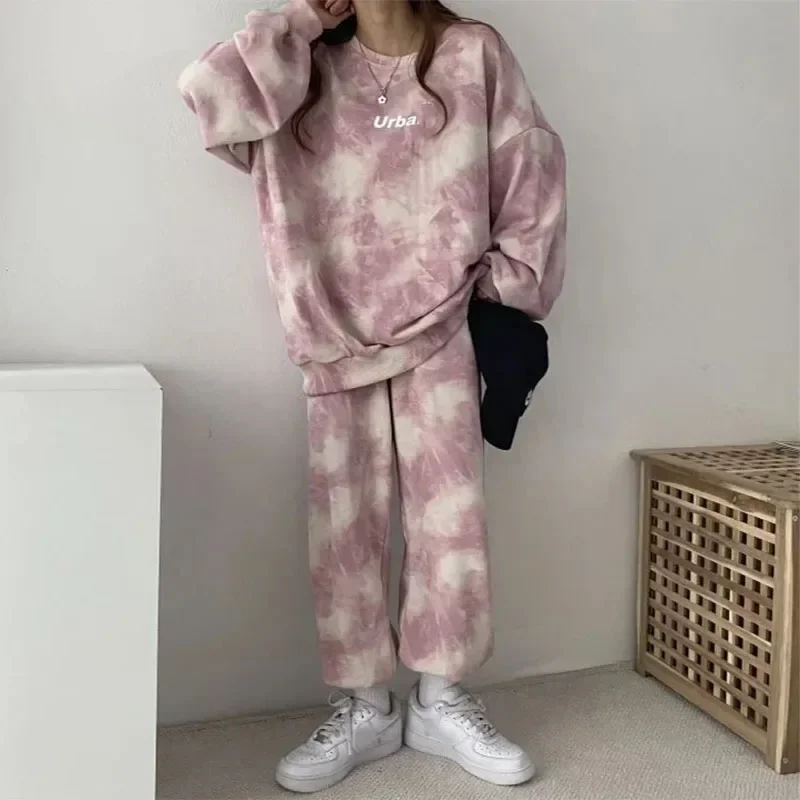 Women Clothing Set Tie Dye 2024 Spring Autumn Casual Sportswear Long Sweatshirt+Pants 2Pcs Suit Female Fashion Streetwear