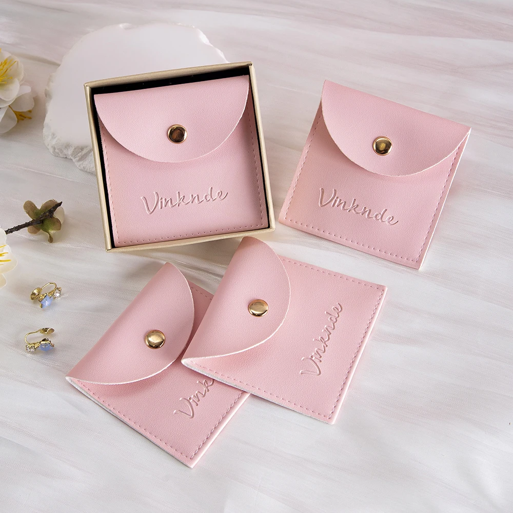 

Pink PU Leather Jewellery Bag with Snap Closure Customized logo Earrings Rings Bracelets Storage Gift Wrapping Jewelry Pouch