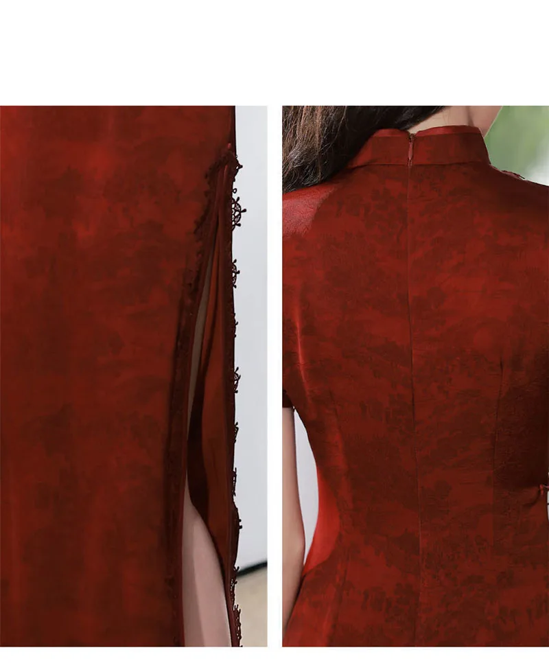 Women Wine Red Cheongsam High Quality Long Dress Short Sleeve Female Wedding Costumes Vintage Qipao S To XXL