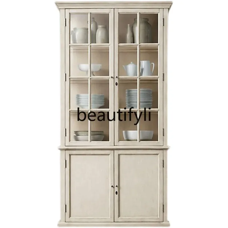 LTAmerican Style Solid Wood Double Door Sideboard Model Room Storage Cabinet Living Room Glass Door Display Cabinet D80