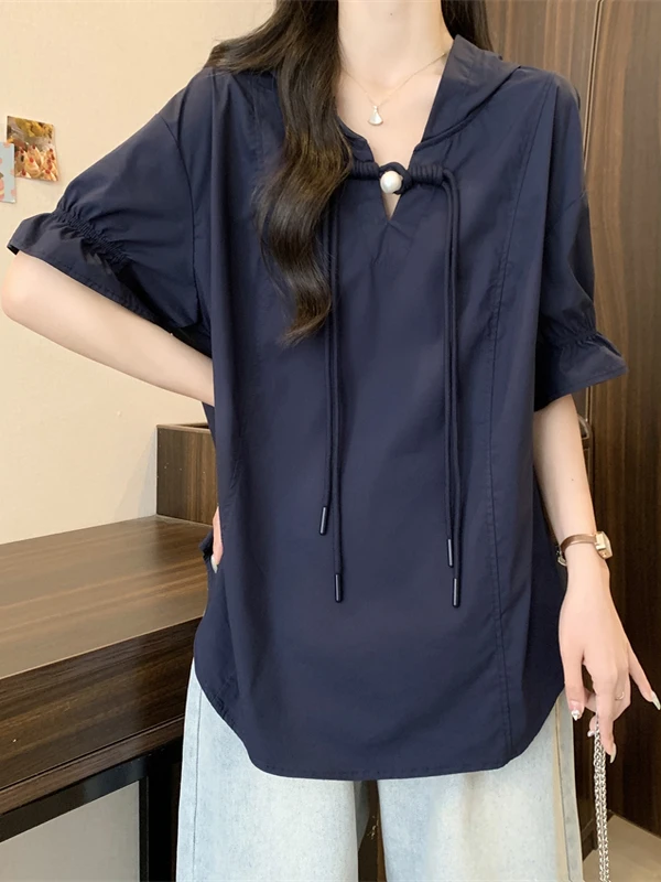 Faionable Large Size Button up Hoodie ort Sve irt New Chinese Sle 2024 Summer New Arrival Women's Casual irt