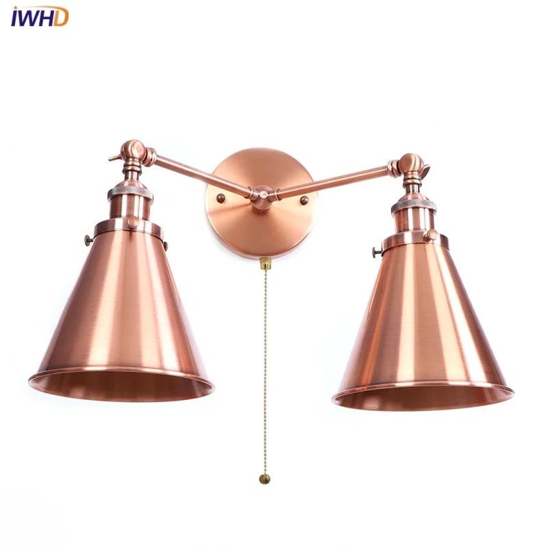 

IWHD Industrial LED Wall Lamp Sconce Pull Chain Switch Stair Light Fixtures Bar Bedroom Reading Balcony 2 Heads Vintage Wandlamp