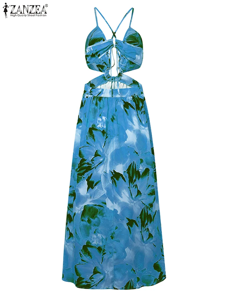 Vacation Deep V-neck Dress Women Split Hem Vestidos ZANZEA 2025 Vintage Floral Printed Sundress Loose Beach Robe