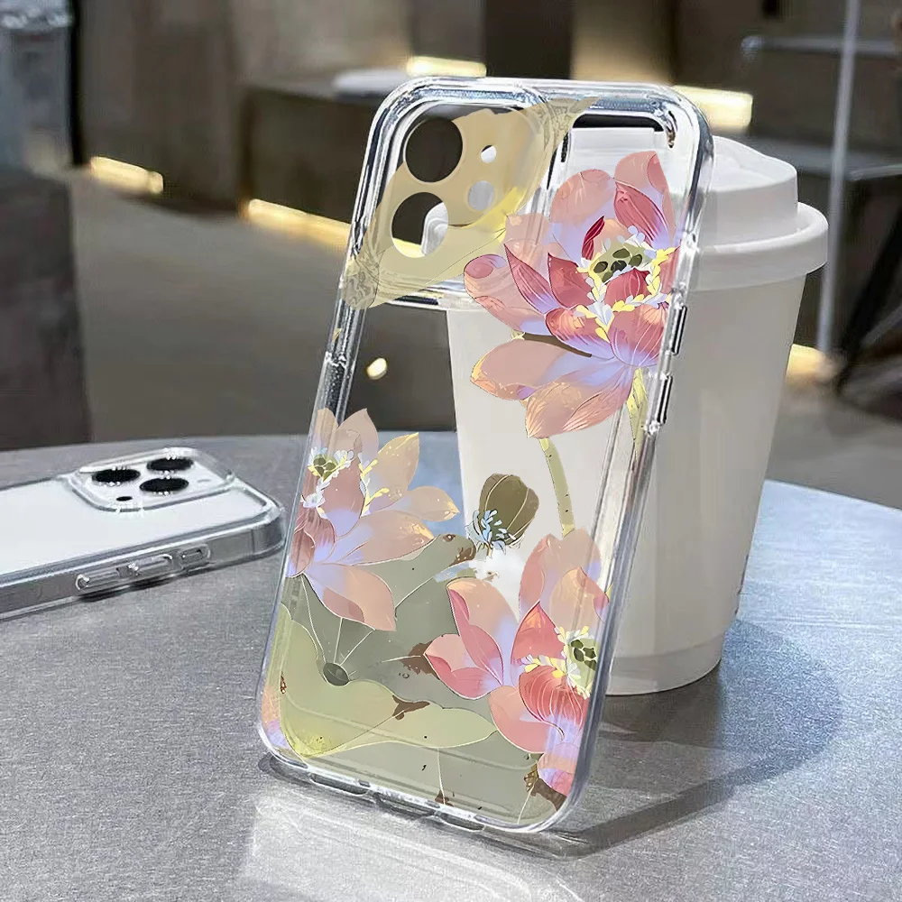 Transparente Silikon-Handyhülle für Samsung Galaxy S25 Ultra S26 Plus S24 FE S23 S22 Edge Schützende Lotusblumen-Schutzhülle