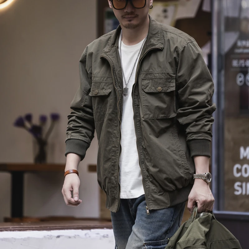 

Men's Workwear Jacket With Pocket Casual Turn-down Collar Solid Color Warm Loose Fit Outdoor Coats Male Pure Cotton Cargo Jacket