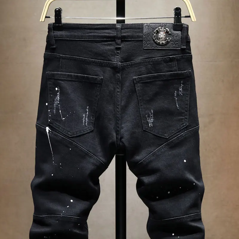 Y2K Italian Fashion New Men's Jeans Zipper Decoration Fishing Net Patch Washed Nostalgic Elastic Slim Fit Retro Black Jeans Desi
