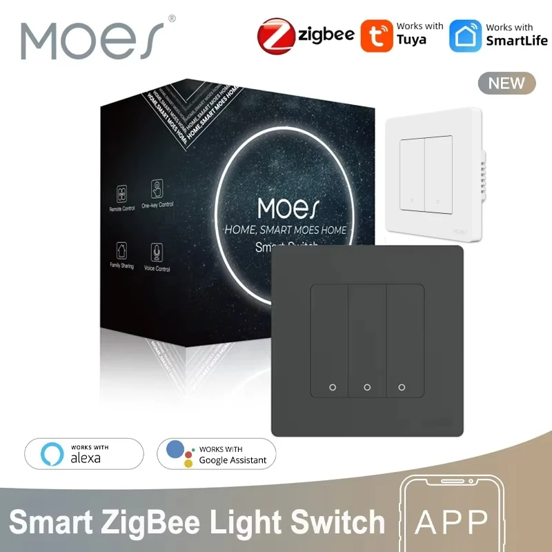 

MOES Star Ring Tuya Smart ZigBee3.0 Light Switch Live wire and Neutral Wire Smart Switch Timer Function Work with Alexa Google