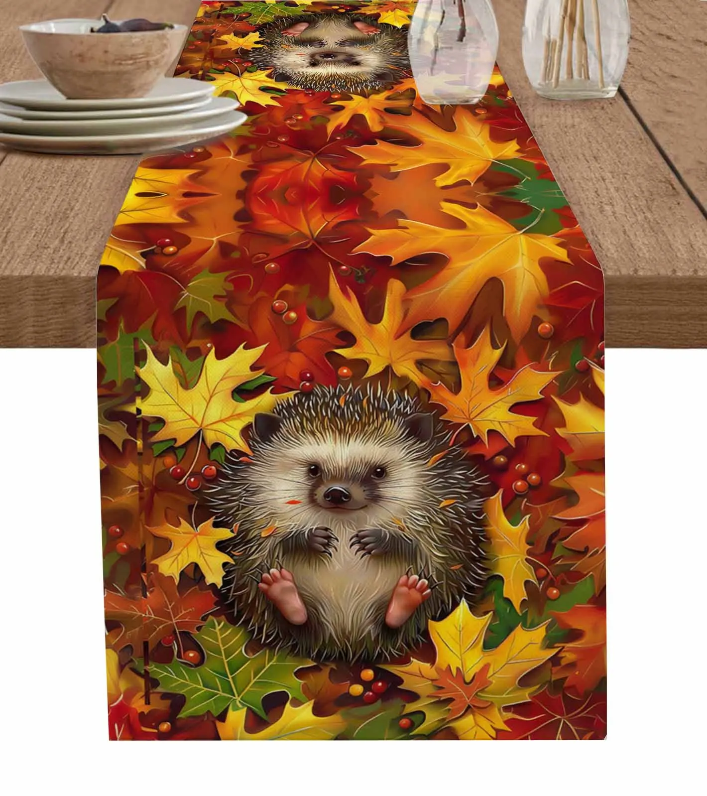 Autumn Maple Leaf Hedgehog Table Runners Dresser Scarf Table Decor Holiday Wedding Party Dining Table Decor Tablecloth