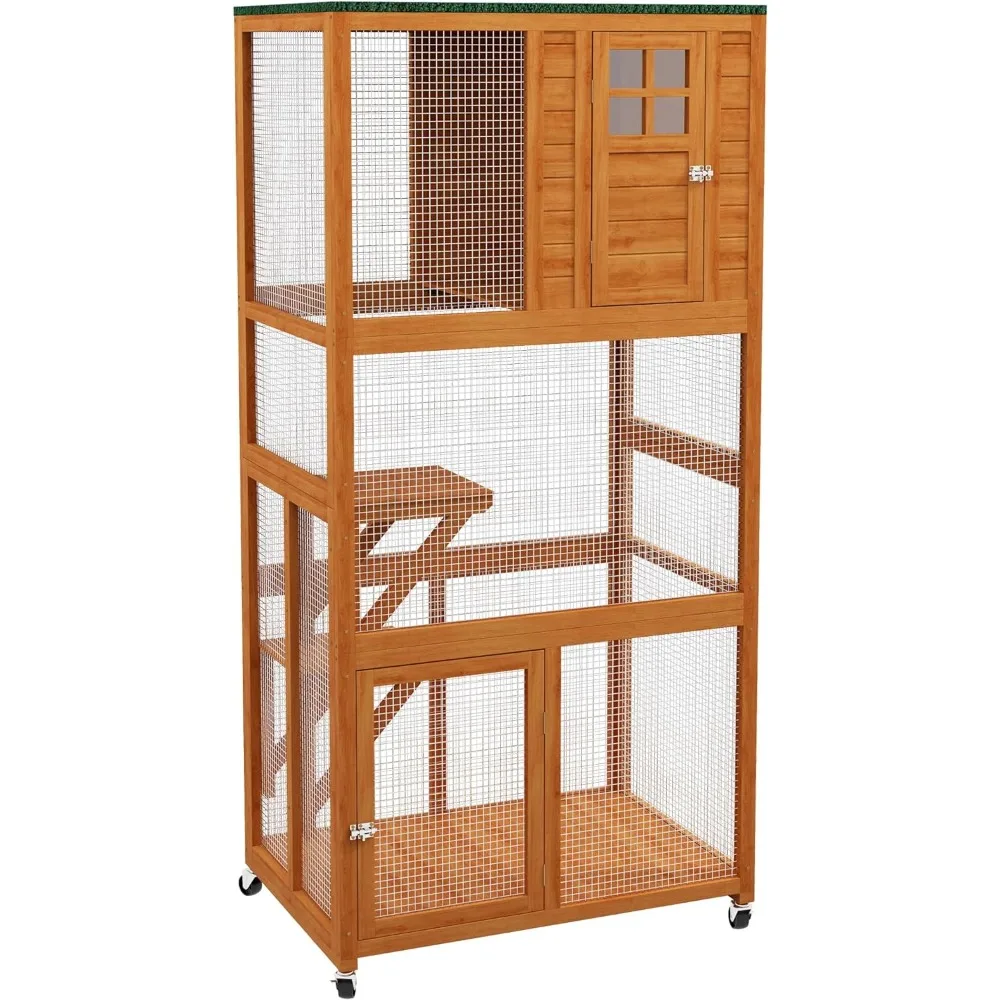 

74" Wooden Catio Outdoor Cat House Weatherproof & Wheeled, Outside Cat Enclosure with High Weight Capacity, Kitten Cage Condo