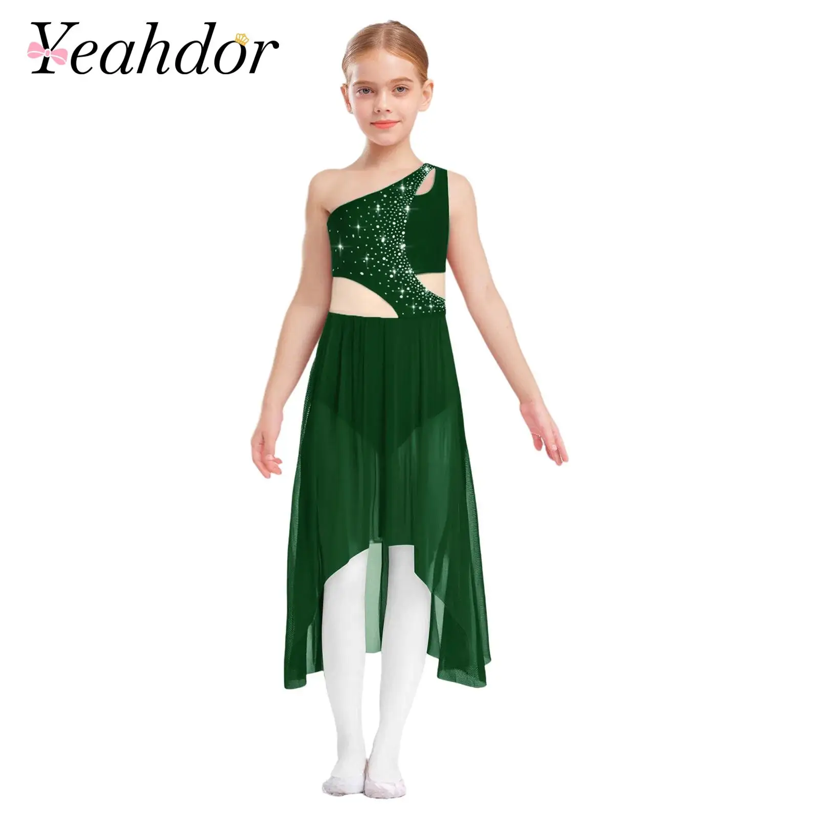 

Kids Girls Lyrical Dance Costume Shiny Rhinestones Dancewear Ballet Dress One Shoulder Sleeveless High-Low Flowy Mesh Dress