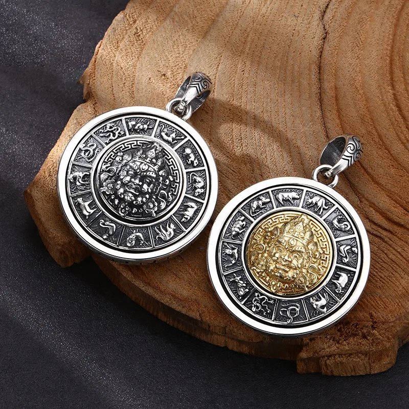 S925 Sterling Silver Chinese Zodiac Pendant Black Color Old Process Zakirim Relief Design Unisex Six Words Fine Jewelry FYNE356