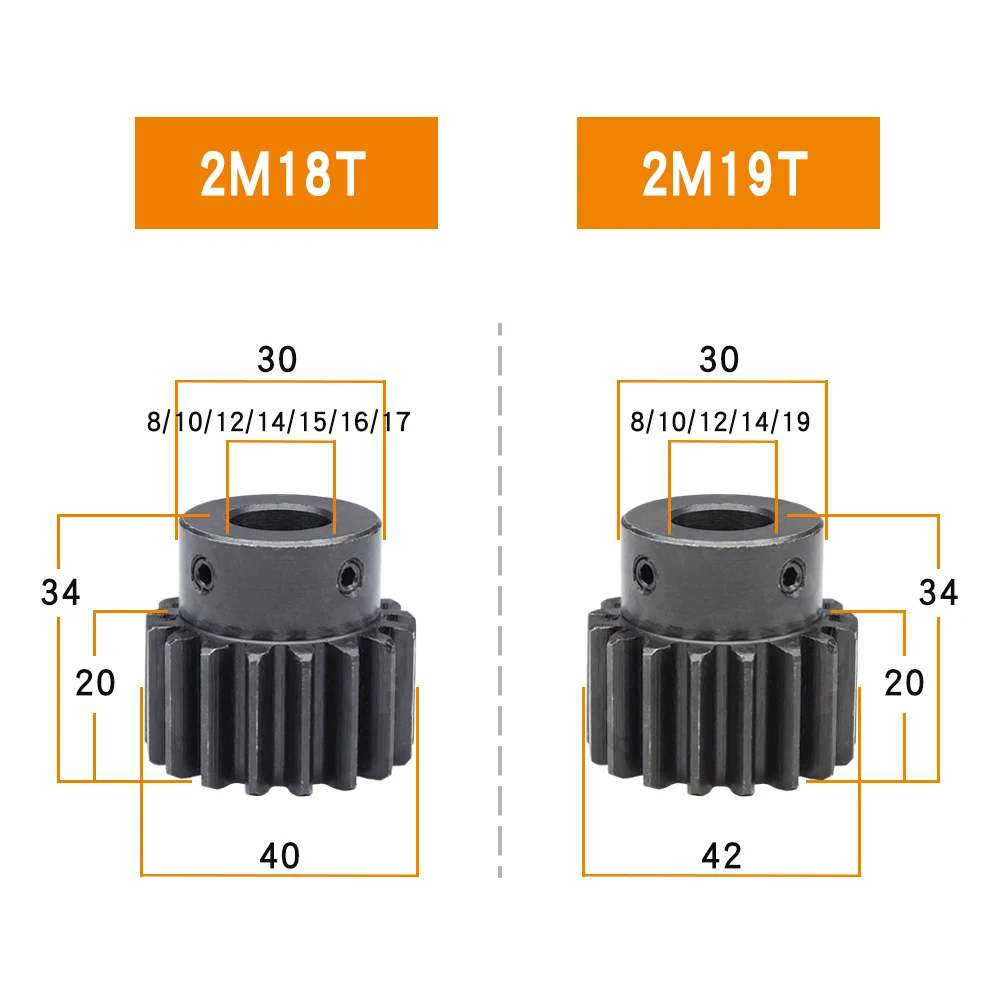 Spur Gear 2M-18T/19T Bore 8/10/12/14/15/16/17/19 mm Transmission Gears Blackening SC45# Carbon Steel Material Teeth Height 20mm