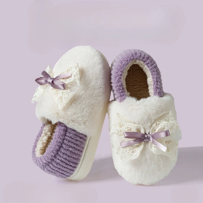 Women New Winter Cotton Slippers Postpartum Friendly Anti Slip Indoor Outdoor Use Plush Comfort Trending Lace Bow Chunky Bottom
