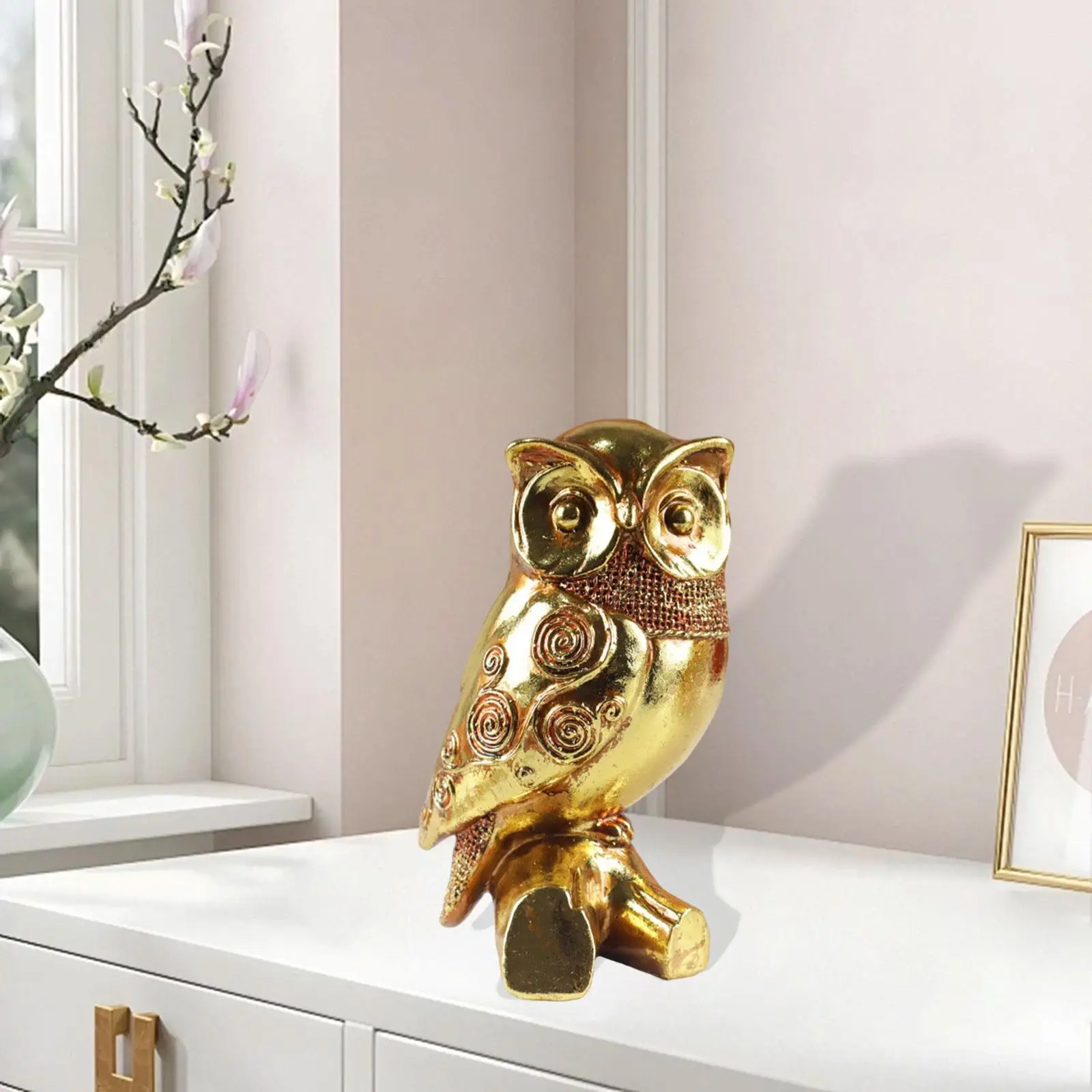

Golden Owl Statue Cute Small Animal Sculpture for Bookshelf Shelf Countertop