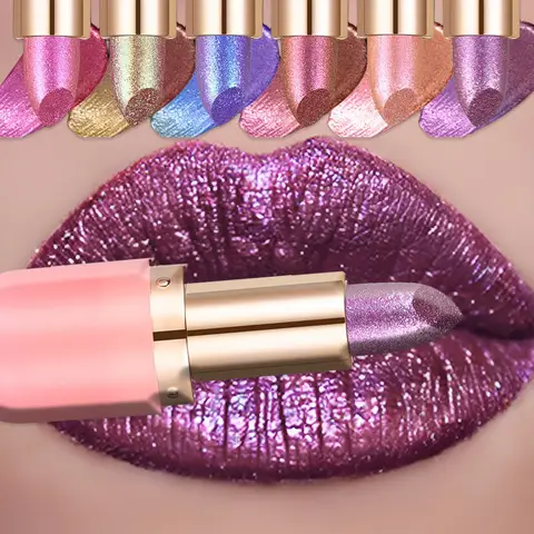 7-Color Aurora Chameleon Metallic Lip Stick High Shine Long-Lasting Diamond Blue Purple Lip Gloss for Halloween & Stage Makeup