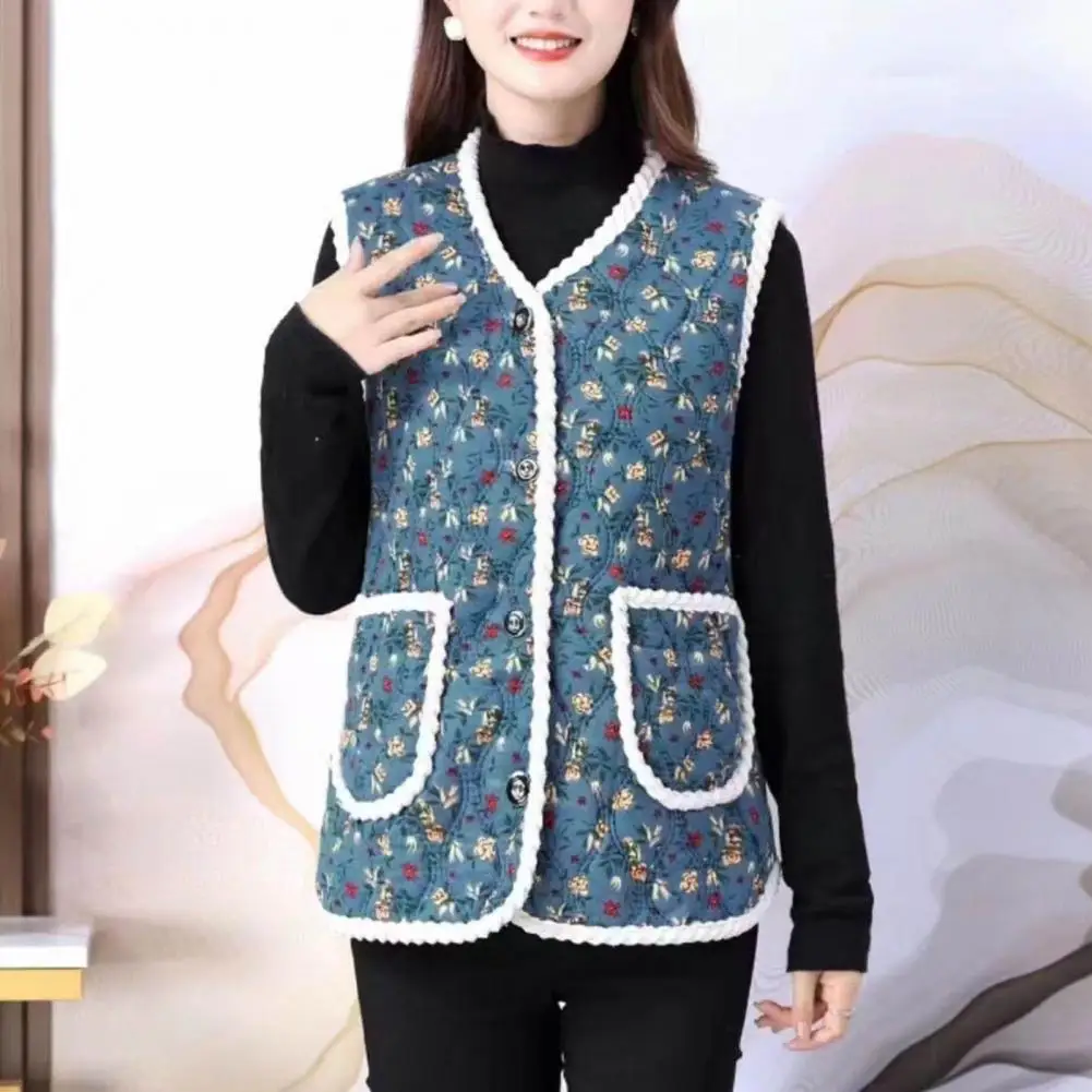 

Spring Women Vest Floral Print Padded Plush Vest Stylish Winter Cardigan with Windproof V Neck Pockets for Women Thick Plush