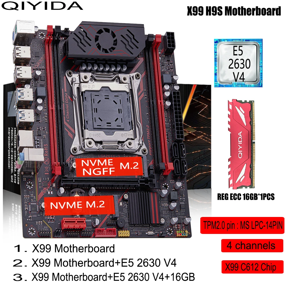 QIYIDA X99 H9S Motherboard Set Kit With LGA2011-3 Xeon E5 2630 V4 CPU DDR4 16GB REG ECC memory NVME M.2 TPM 2.0 Interface SATA3