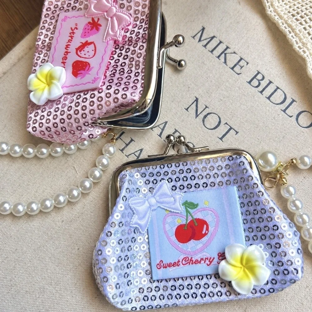 Portable Polka Dots Coin Purse Kiss Lock Sparkly Sequins Small Cosmetic Bag with Detachable Pearl Chain Travel Wrist Pouch