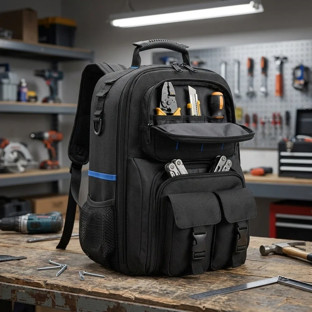 Waterproof Tool Backpack 44x33x8 cm Double Compartment 600D Fabric Removable Organizer for Electricians Plumbers Technicians