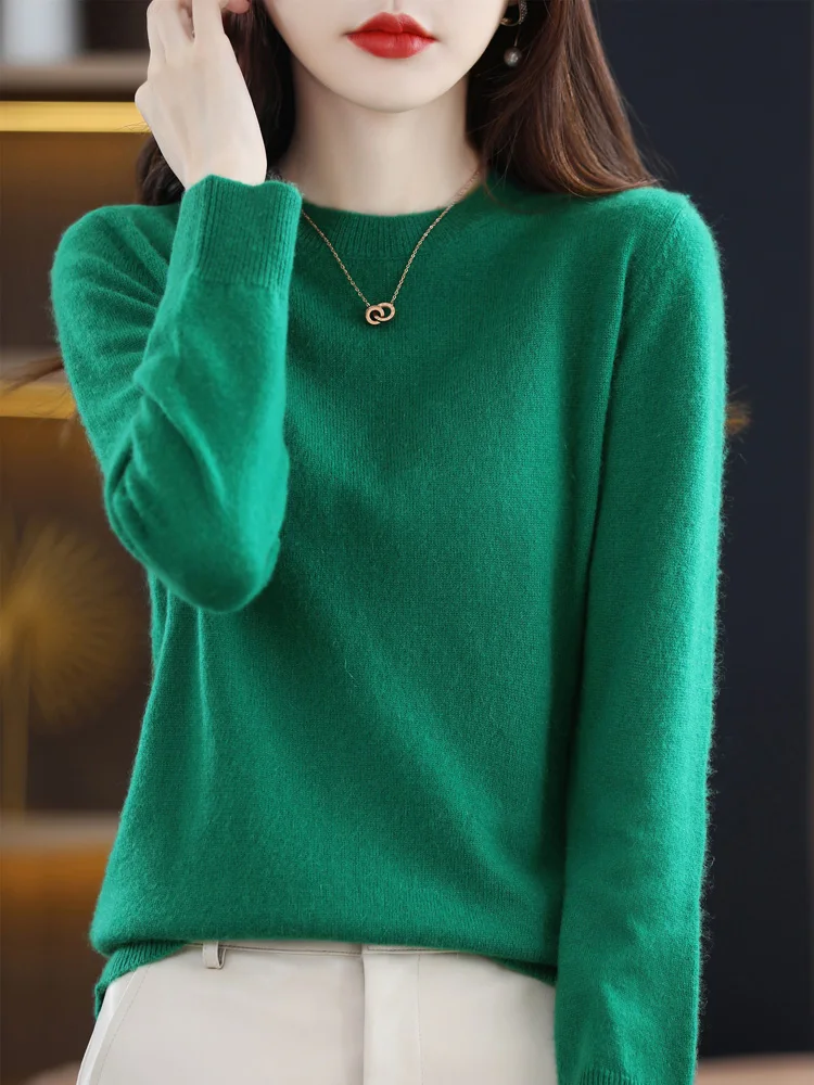 Women 100% Merino Wool Cashmere Sweater O-Neck Pullover Knitted Casual Autumn Winter Tops Long Sleeve Warm High-Grade Jumper New