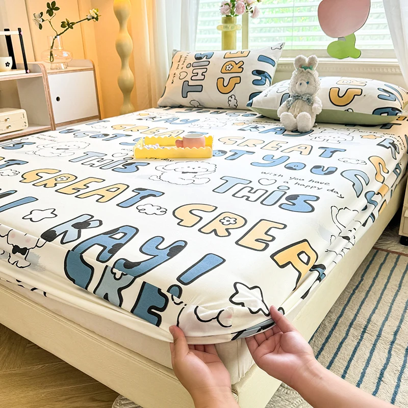 New Bed Hat Super Soft Waxy Skin Friendly Wash Cotton Bed Cover Printed Cartoon Mattress Cover Bedding for Students 200x220