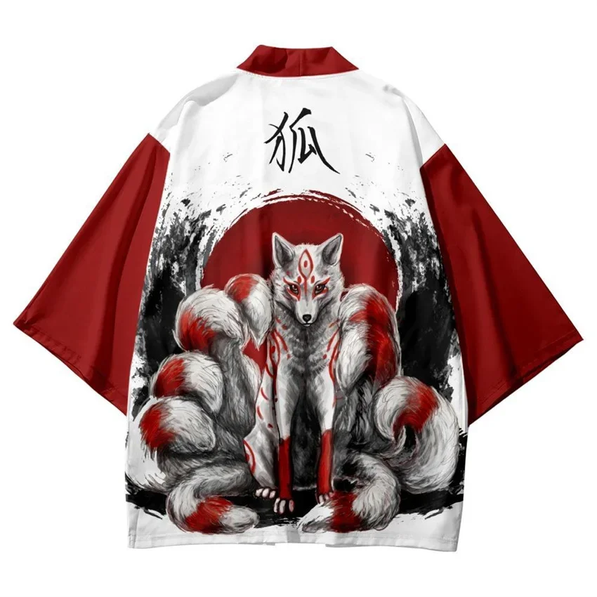 Men's Japanese Flower Fox Kimono Yukata Men Women Cardigan Loose Blouse Haori Obi Asian Anime Clothes Harajuku Japanese Kimono