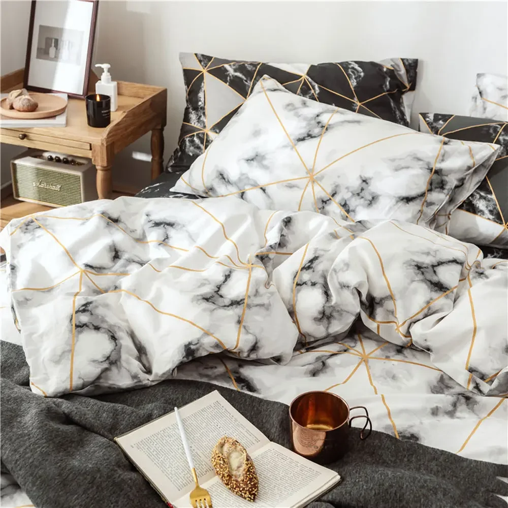 

White Duvet Cover Set 100% Cotton Women Men Student Home Comforter Cover Marble Geometric Design Soft Easy Care Twin Queen Size