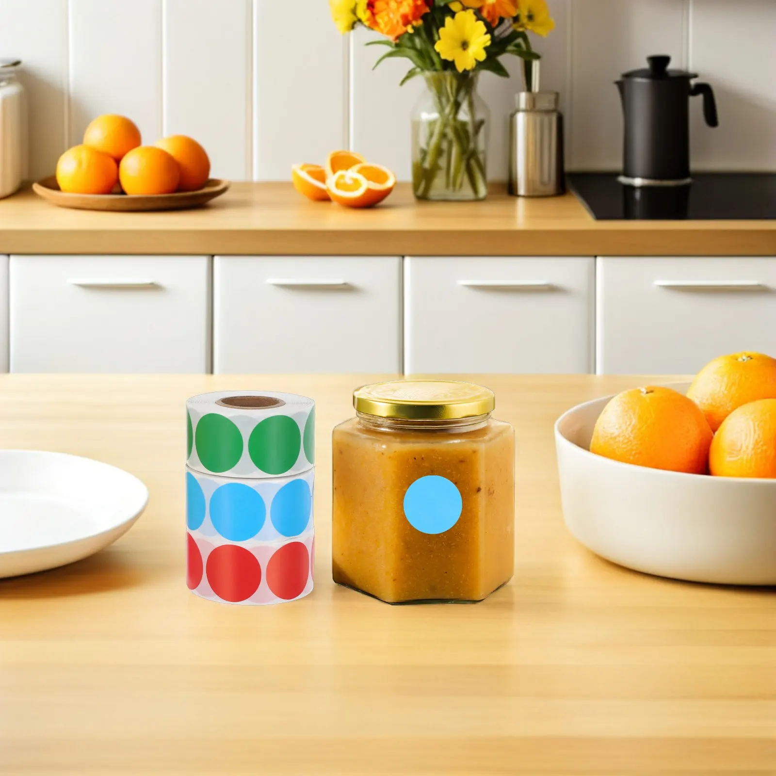 

6 Rolls Round Blank Kraft Paper Circle Stickers Self Adhesive Writable for Jam Pot Labels Chutney Jelly Canning Jars Office