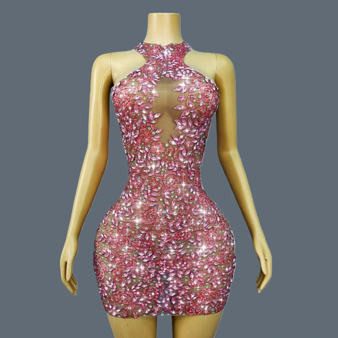 

Pink Sparkly Rhinestone See Through Mesh Halter Mini Dress Bodycon Women Sparkly Night Clubwear Prom Cocktail Event Fenyanmeigui