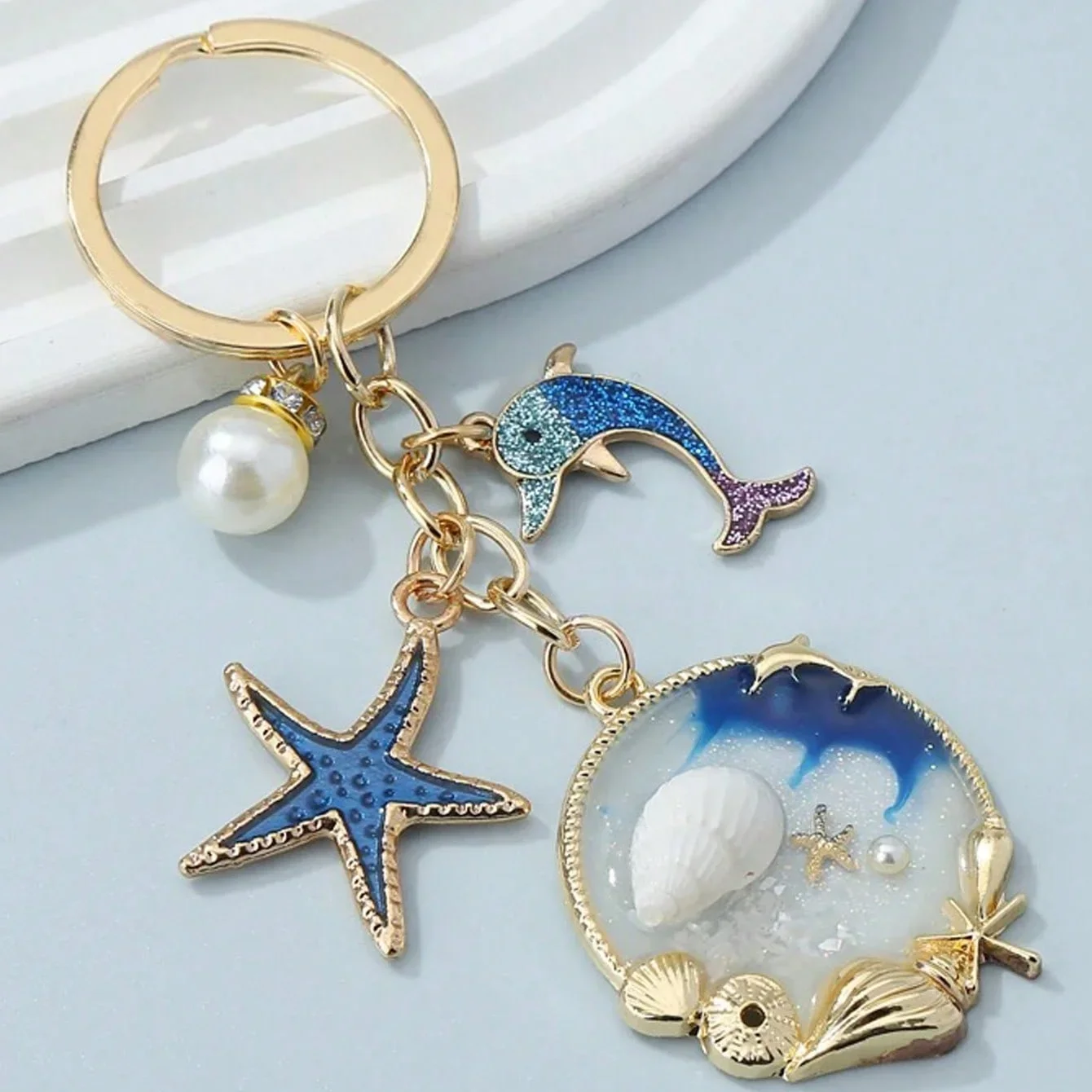 1pc Blue Ocean Themed Keychain Creative Keyring With Starfish, Dolphin And Seashell Pendant